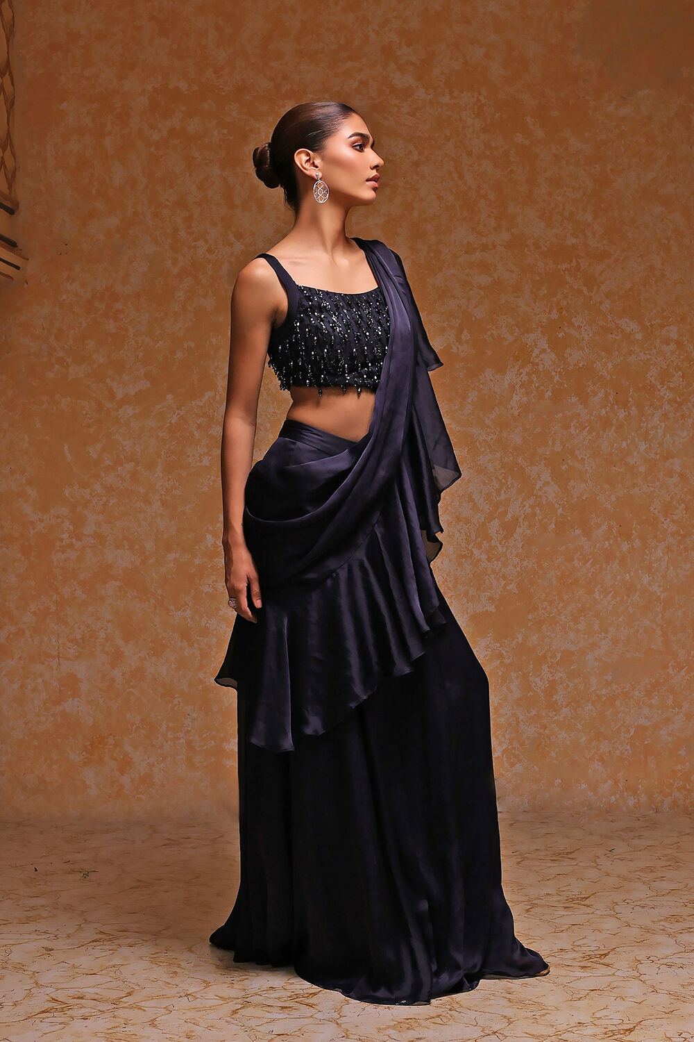 Navy Blue Poly Satin Embroidered Pre-Draped Saree image number 4
