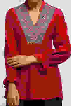 Berry Red Embroidered A-Line Kurti image number 1