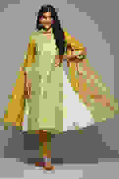 Lime Green Cotton Blend Layered Kurta Churidar Suit Set image number 6