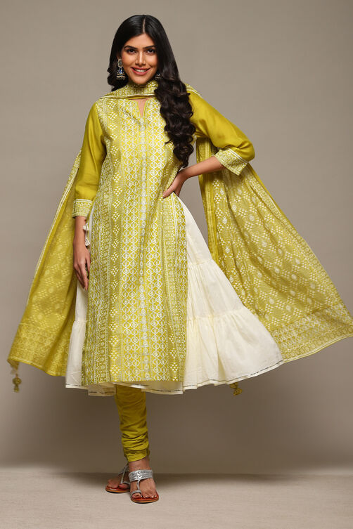 Lime Green Cotton Blend Layered Kurta Churidar Suit Set image number 6