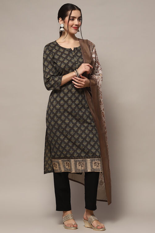 Brown Tussar Unstitched Suit set image number 7