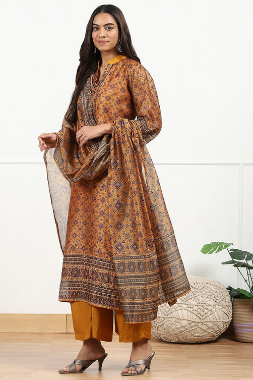 Mustard Yellow Chanderi Printed Unstitched Suit Set image number 5