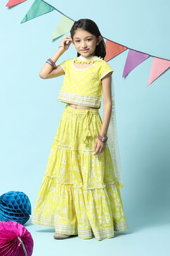 Lime Yellow Cotton Short Top Lehenga Set image number 5