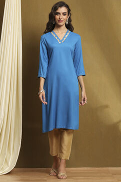 Electric Blue Solid Straight Kurta image number 5