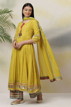 Lime Green Cotton Anarkali Kurta Palazzo Suit Set image number 4