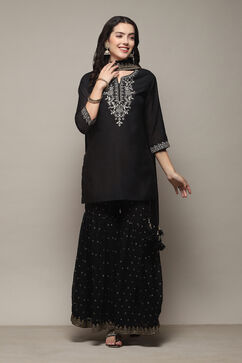 Black Poly Cotton Straight Kurta Garara Suit Set image number 7