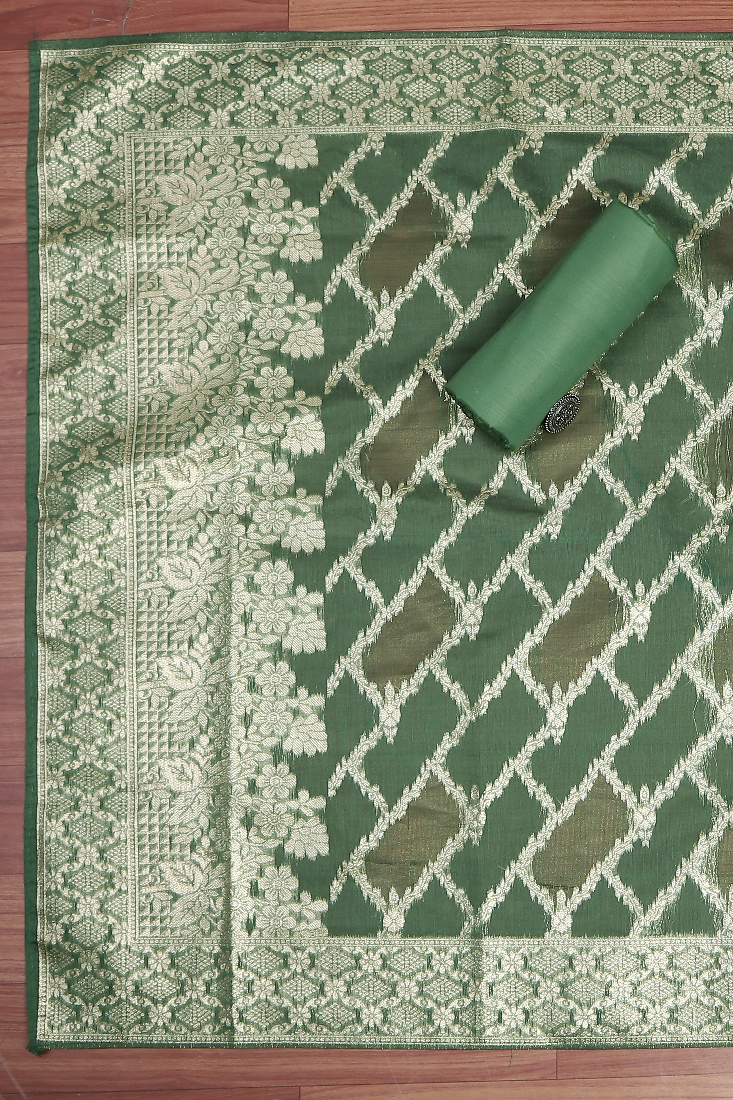 Botle Green Tissue Chanderi Embroidered Unstitched Suit Set image number 3