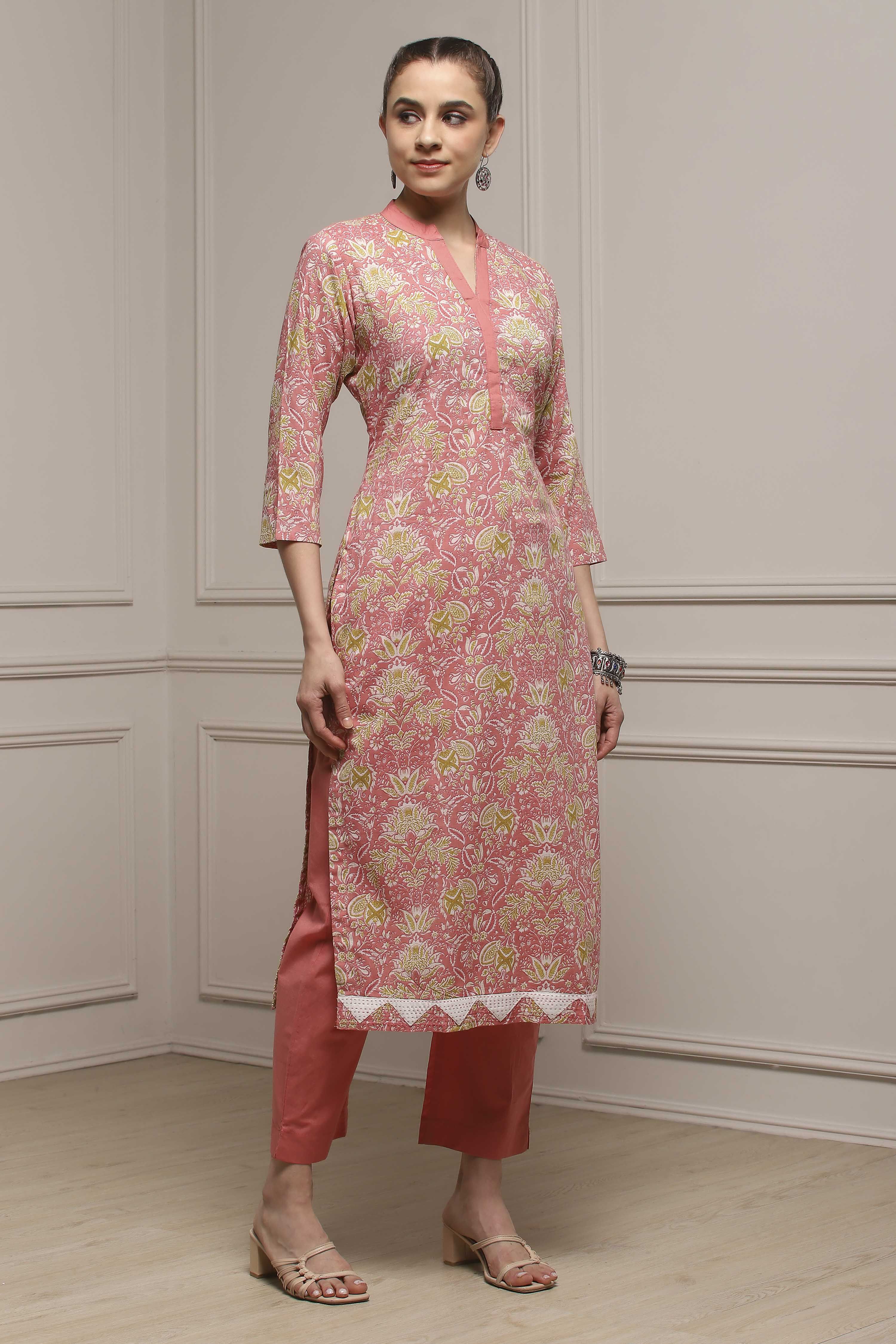 Pink Cotton Hand Block Print Unstitched Suit Set image number 6