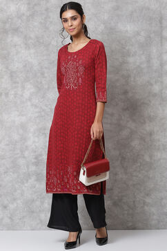Red Straight Poly Cotton Kurta image number 5