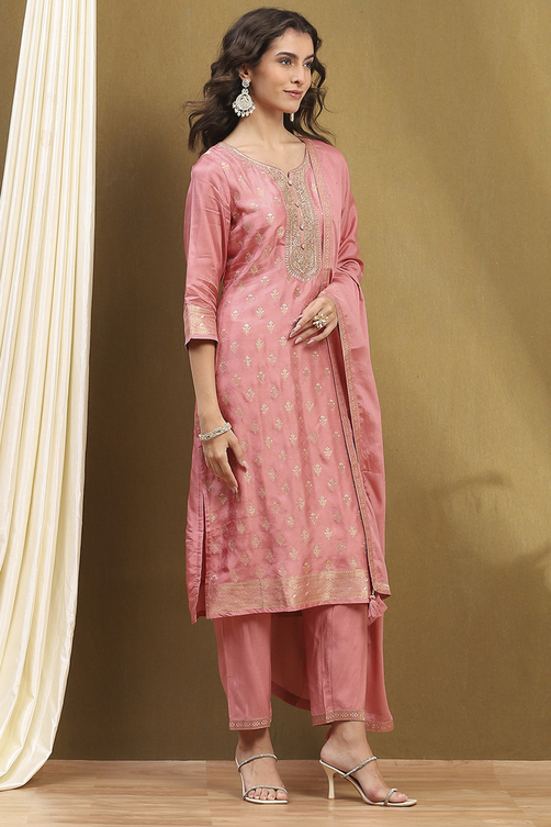 Pink Viscose Blend Yarn Dyed Straight Suit Set image number 5