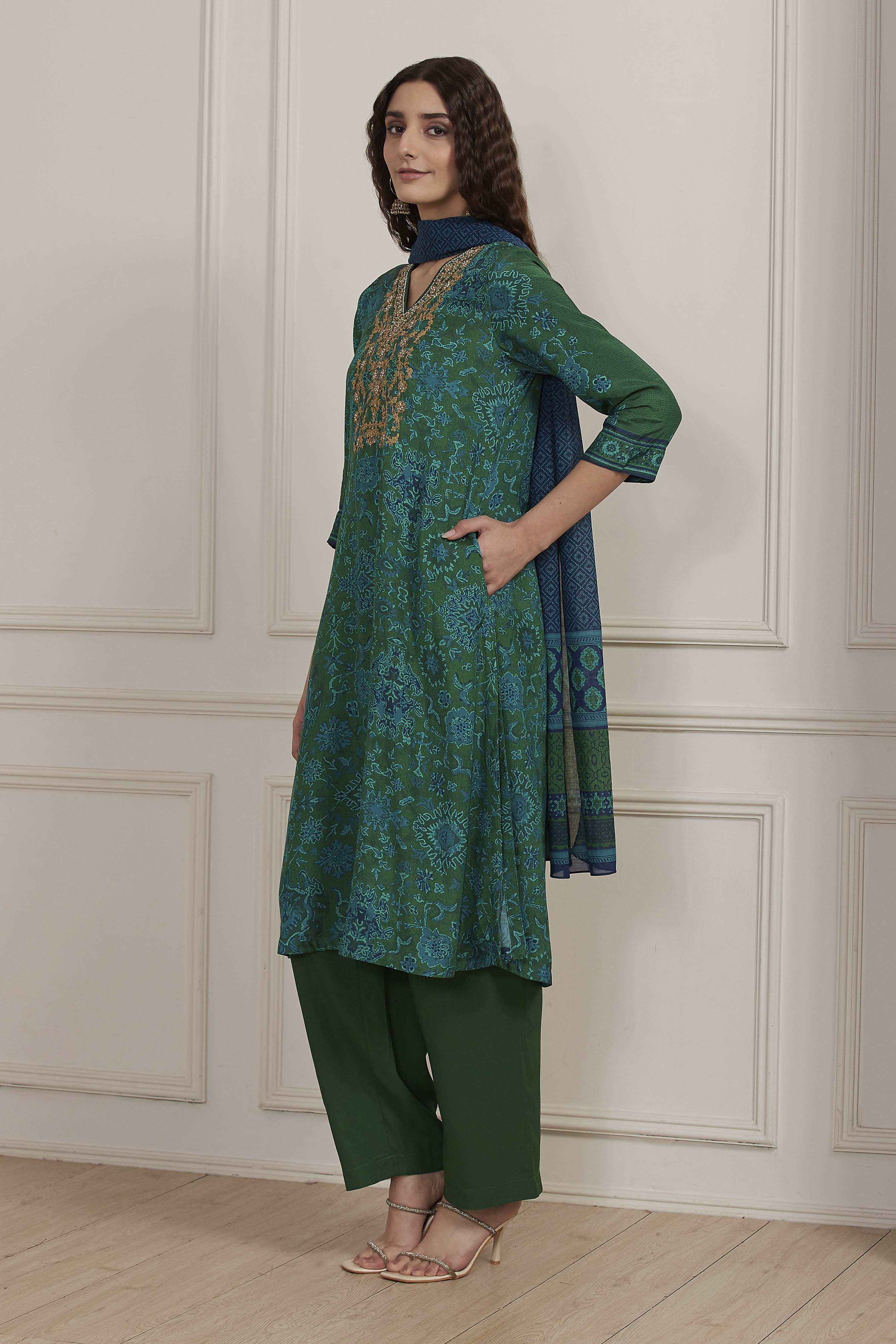 Green Modal Straight Suit Set image number 3