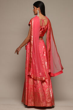 Coral Pink Cotton Blend Lehenga Set image number 4