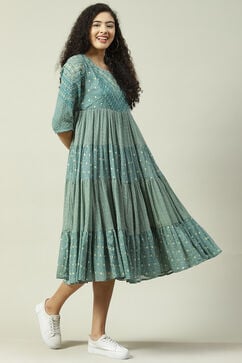 Teal Cotton Flared Fusion Printed Dress image number 3
