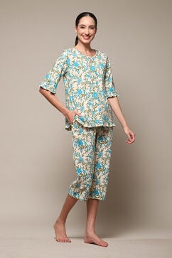 Off White & Turquoise Cotton Printed 2 Piece Sleepwear Set image number 5