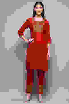 Red Rayon Straight Kurta Pant 2 Piece Set image number 6
