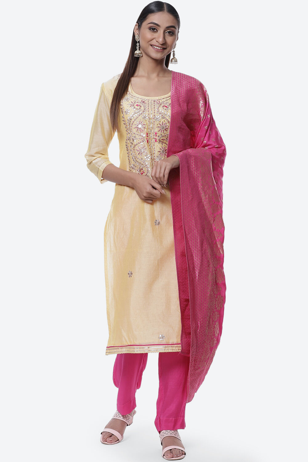 Beige Cotton Blend Hand Embroidered Unstitched Suit Set image number 0