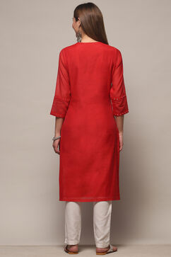 Red Polyester Asymmetric Kurta image number 3