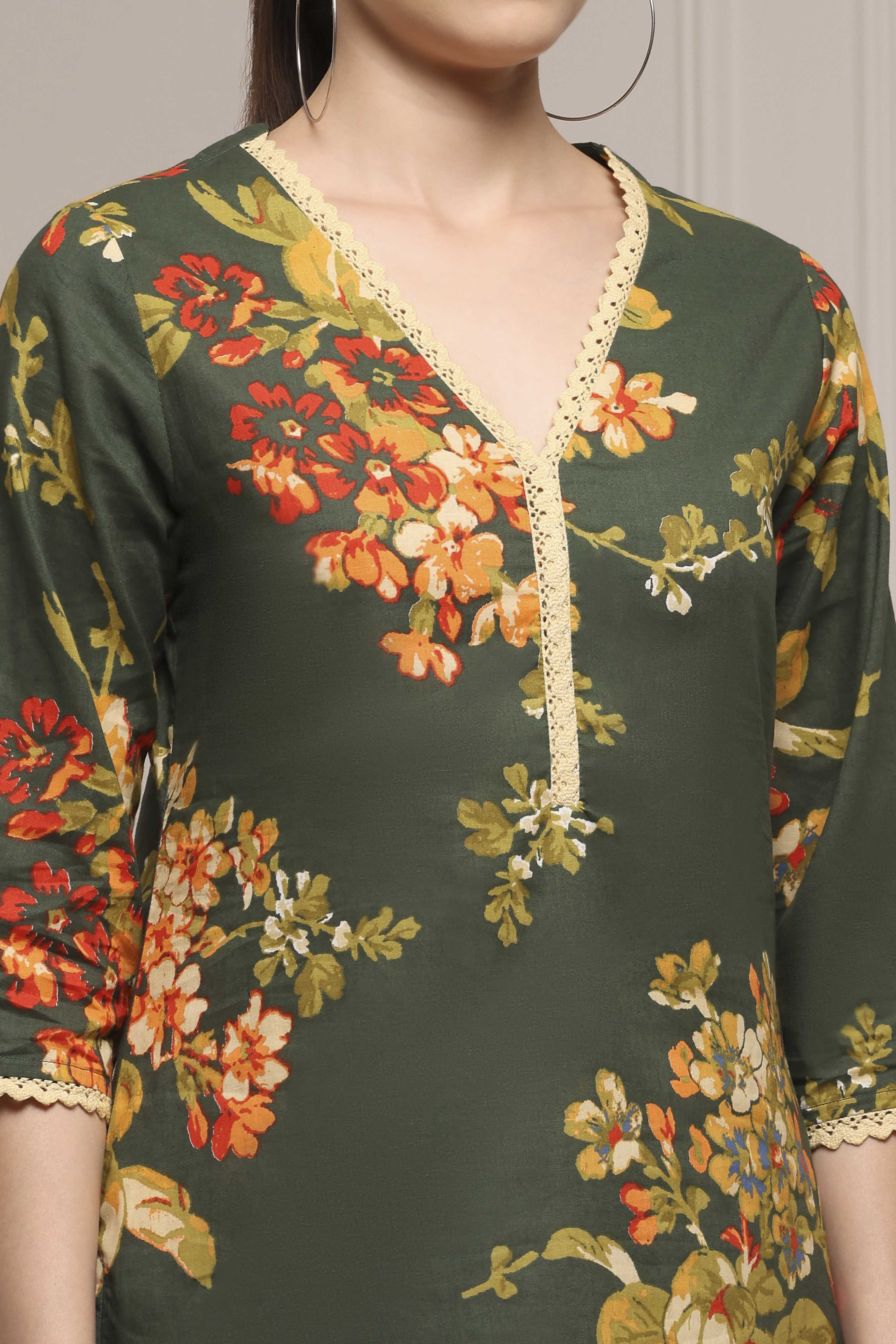 Olive Green Cotton Straight Printed Kurta image number 1