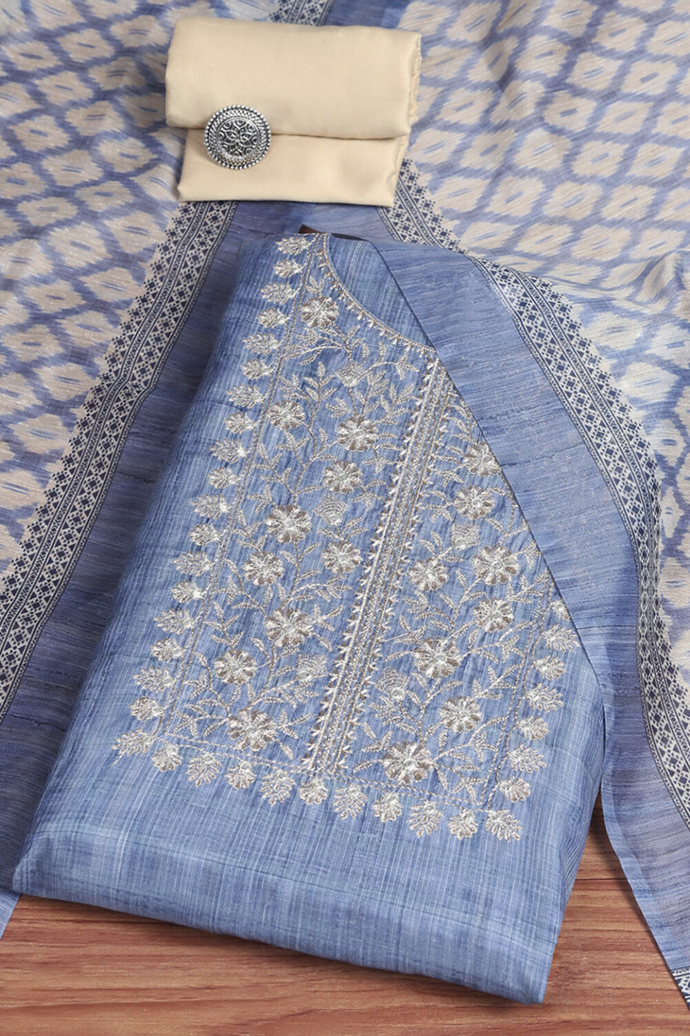 Pink Cotton Machine-Embroidered Unstitched Suit Set image number 0