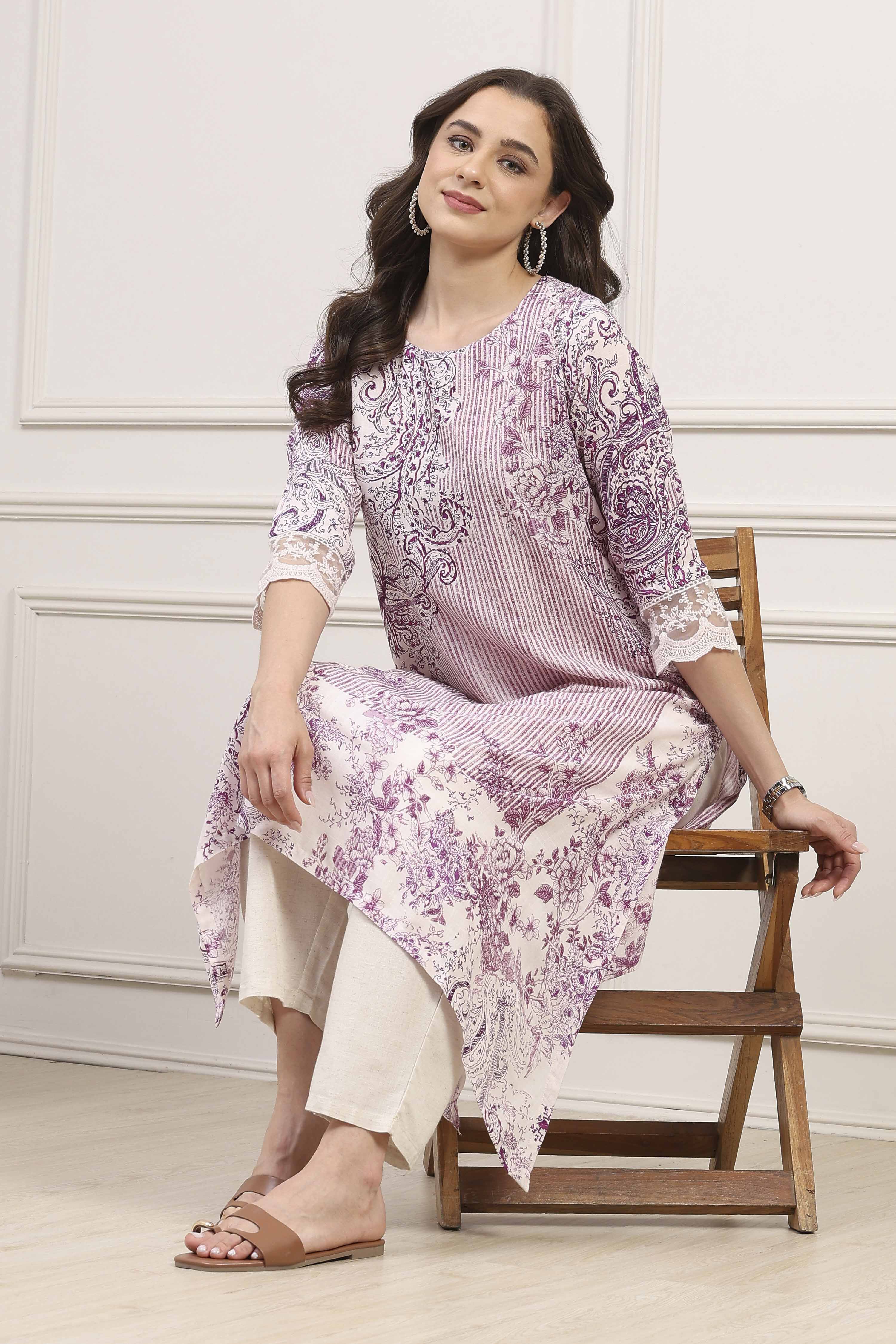 Purple Viscose Rayon Printed Straight Kurta image number 5