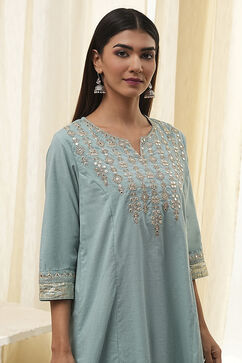Dull Blue Cotton Embroidered Kalidar Suit Set image number 1