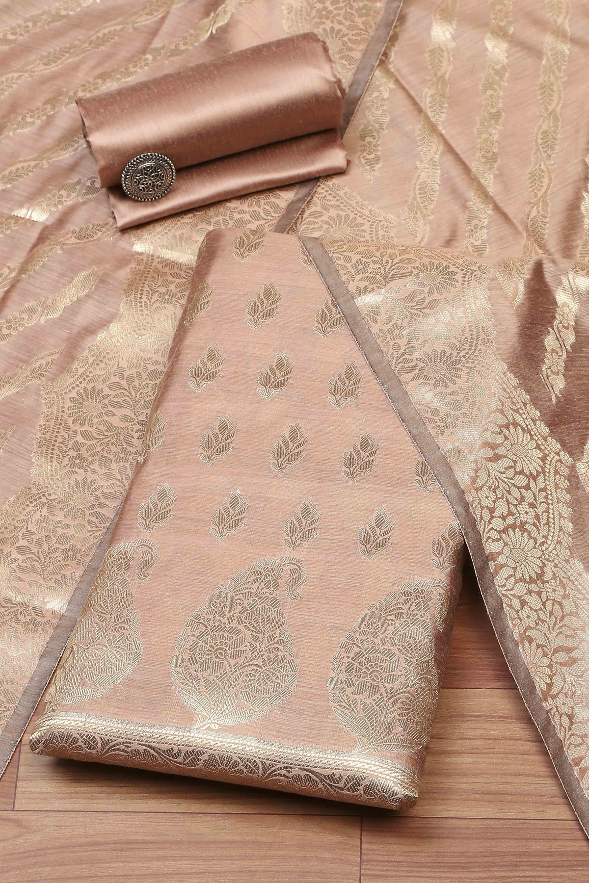 Brown Cotton Printed Embroidered Unstitched Suit Set