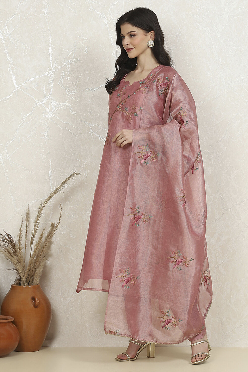 Pink Tissue Machine Embroidered Unstitched Suit Set image number 4