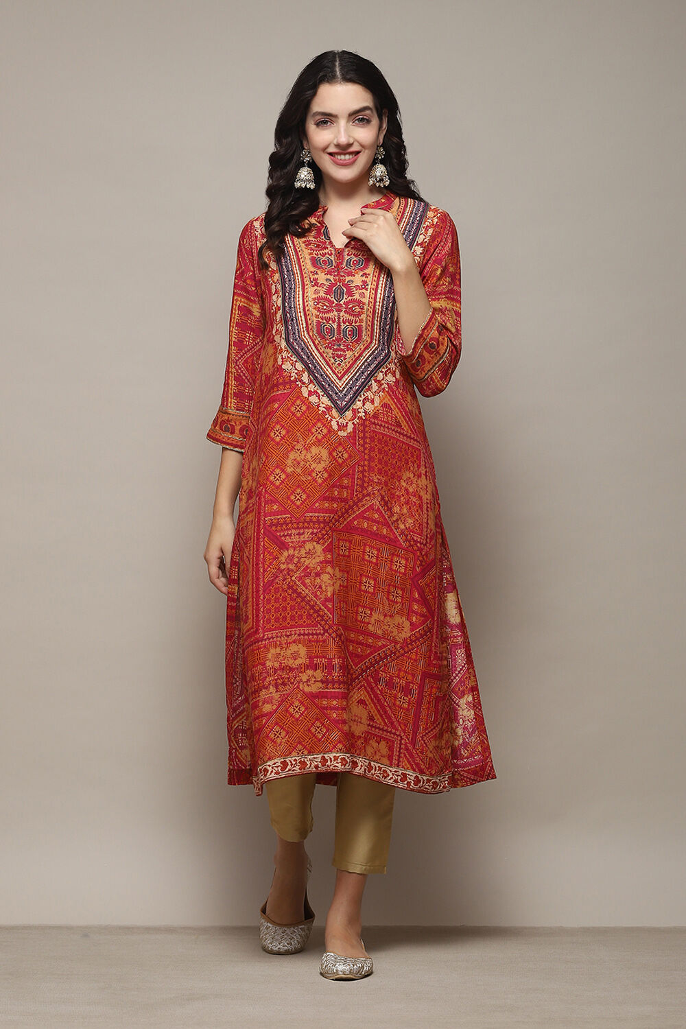 Red Printed Straight Kurta image number 5