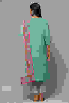 Green Cotton Kalidar Kurta Pants Suit Set image number 2
