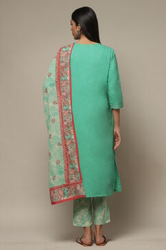 Green Cotton Kalidar Kurta Pants Suit Set image number 2