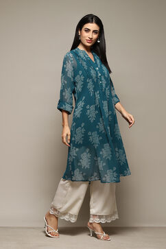 Teal Polyester Straight Printed Kurta image number 3