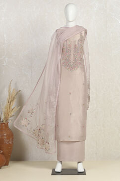 Grey Tissue Hand Embroidered Unstitched Suit Set image number 4