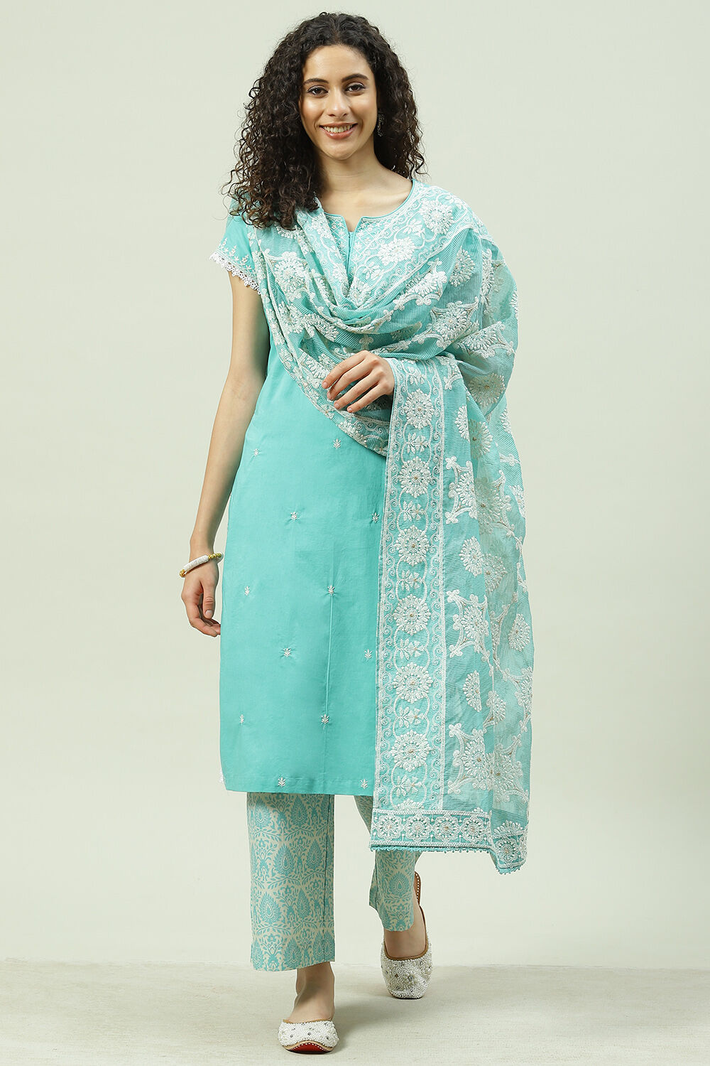 Sea Green Cotton Straight Kurta Palazzo Suit Set image number 4