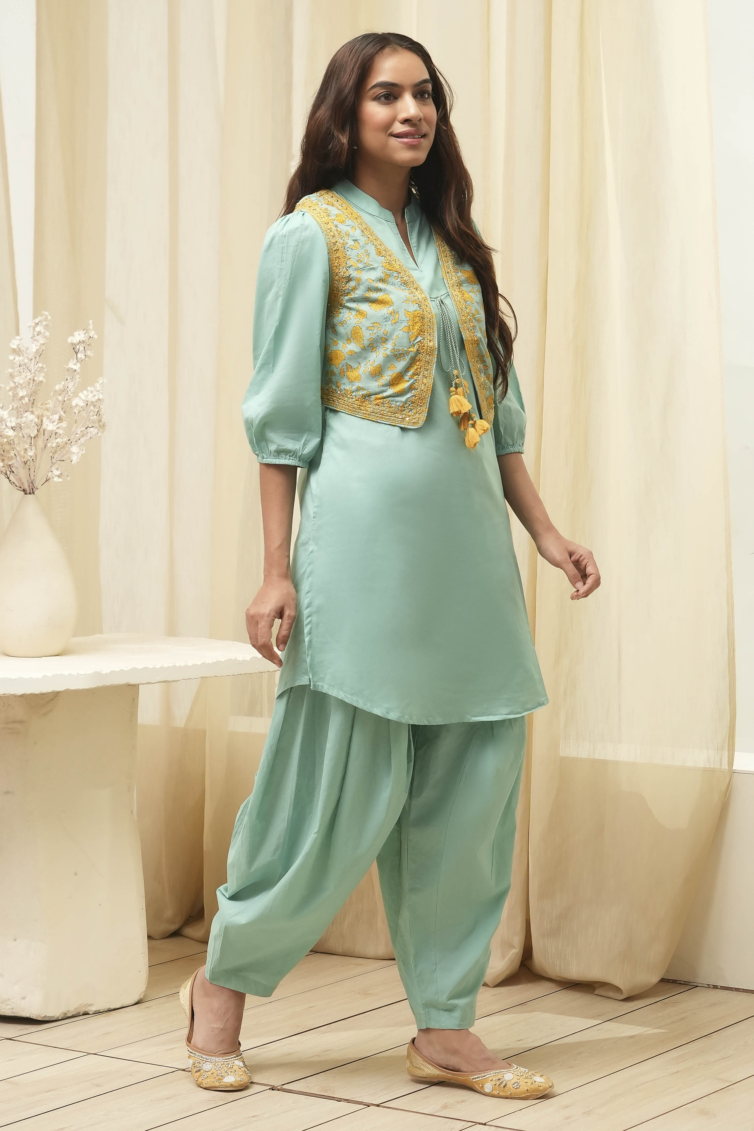 Sage Green Cotton Pathani Straight Kurta Set image number 5