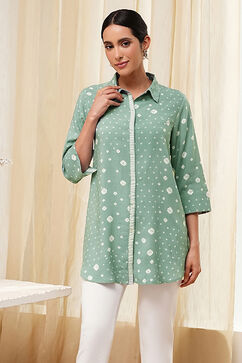 Green Printed High-Low Short Kurta image number 6