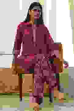 Plum Red Cotton Printed Kurta Set image number 0