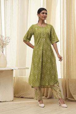 Lime Green and Beige Printed Straight Kurta Set image number 5