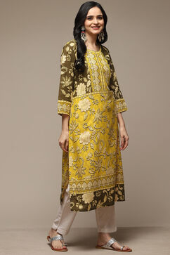 Olive Green LIVA Straight Printed Kurta image number 3