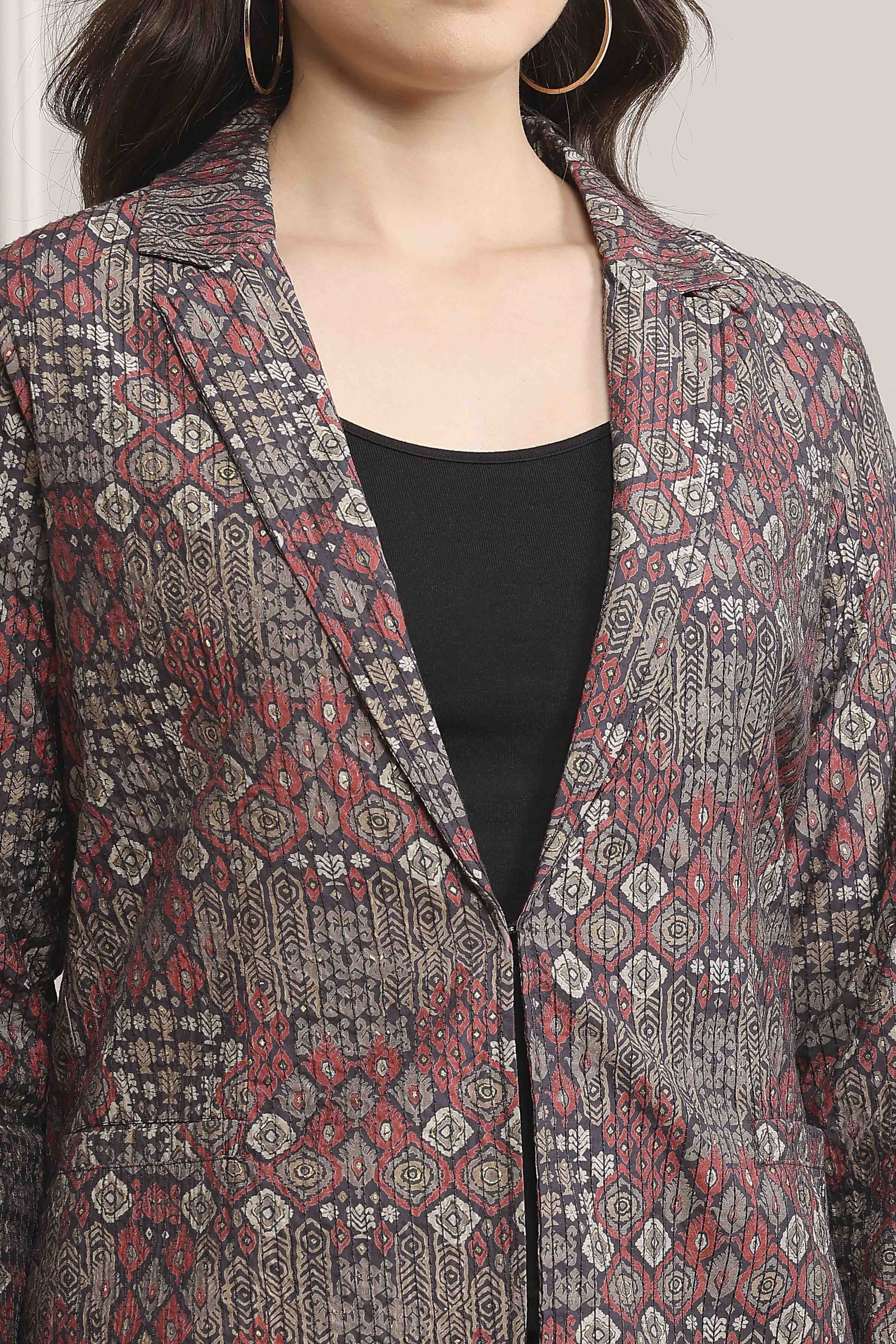 Grey Poly Viscose Straight Printed Jacket image number 1