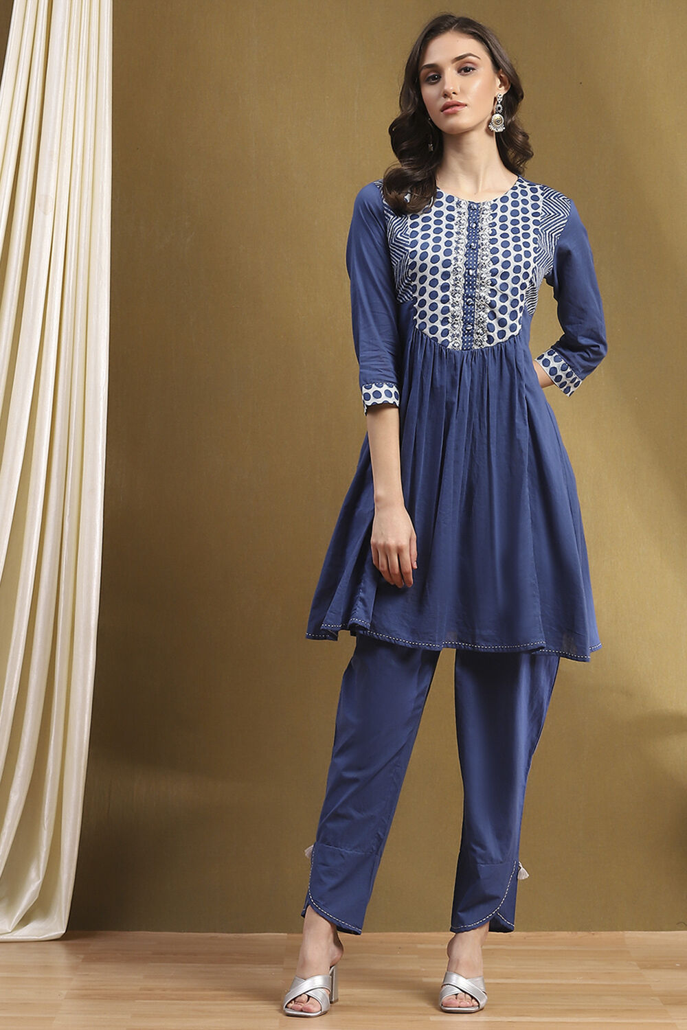 Indigo Cotton Printed Gathered Kurta Set image number 6