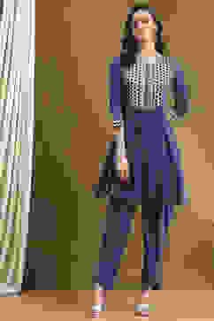 Indigo Cotton Printed Gathered Kurta Set image number 6