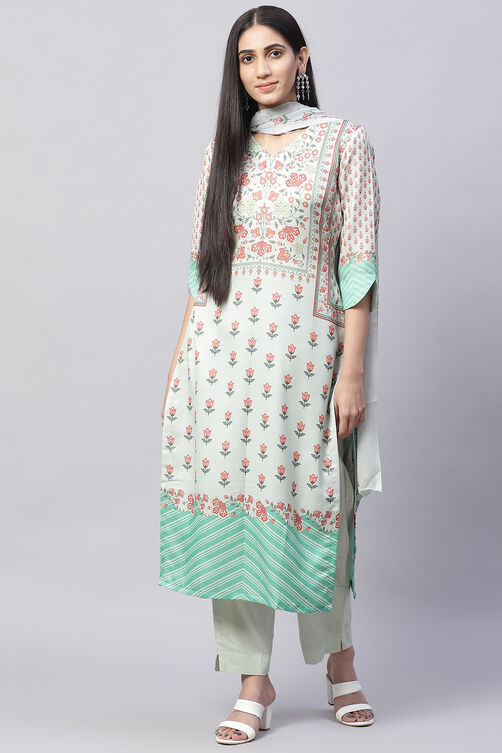 Pastel Green Cotton Blend Digital Print Unstitched Suit Set image number 0