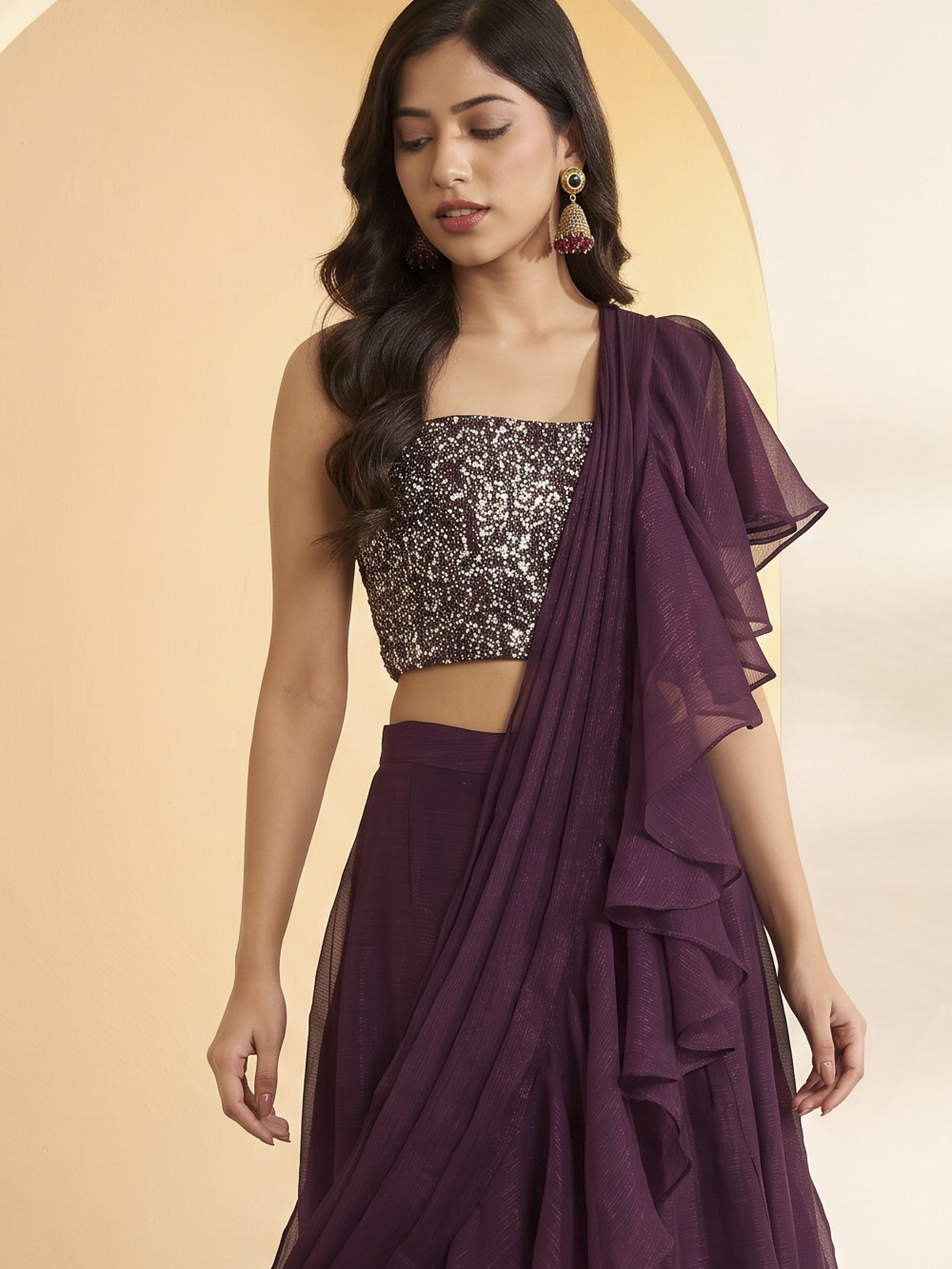Wine Nylon Gathered Saree image number 1