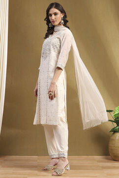 Off-white Poly Chanderi Embroidered Festive Straight Suit Set image number 3