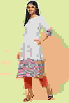 Off White Cotton A Line Kurta image number 2