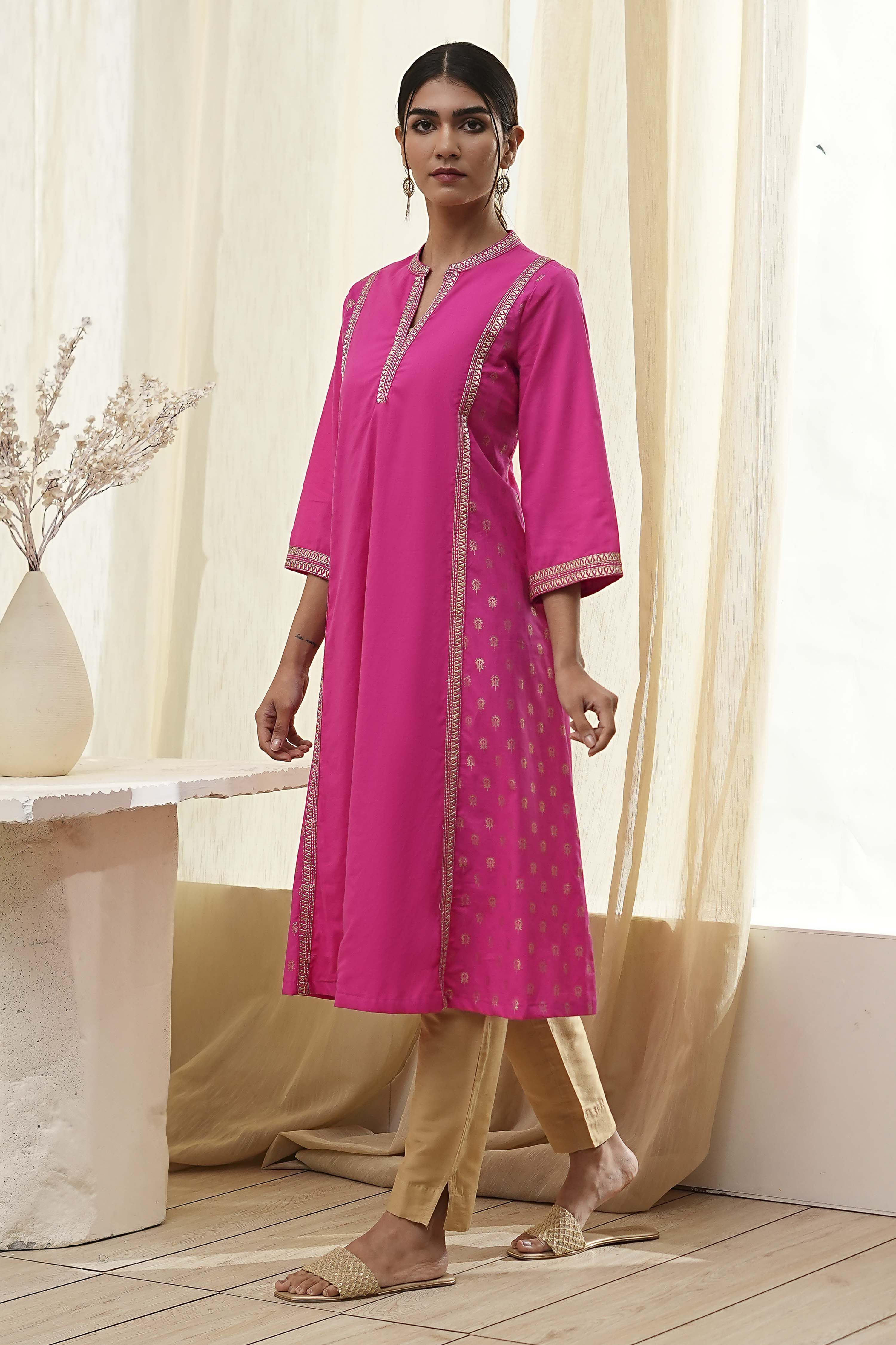 Fuchsia Cotton Printed A-Line Kurta image number 2