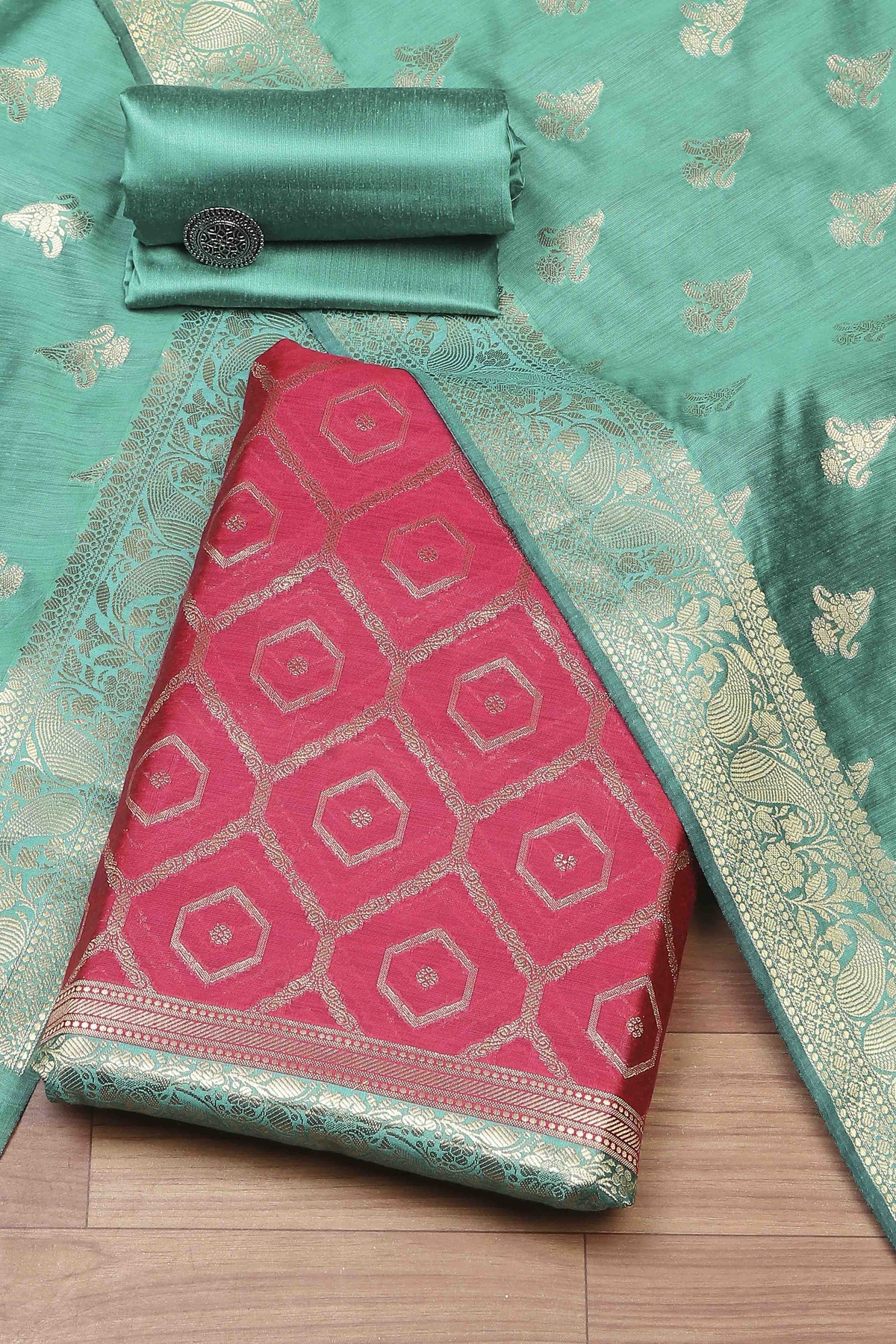 Pink Cotton Printed Embroidered Unstitched Suit Set