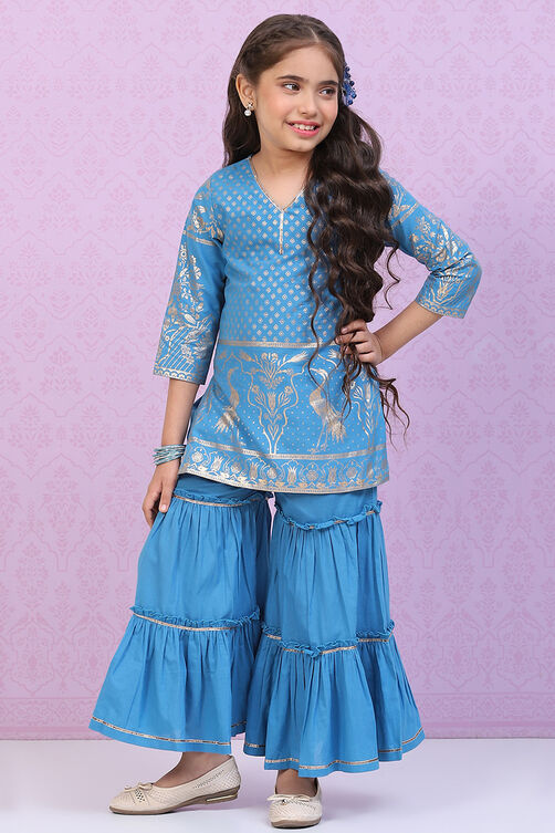 Blue Cotton A-Line Printed Kurta Set image number 3