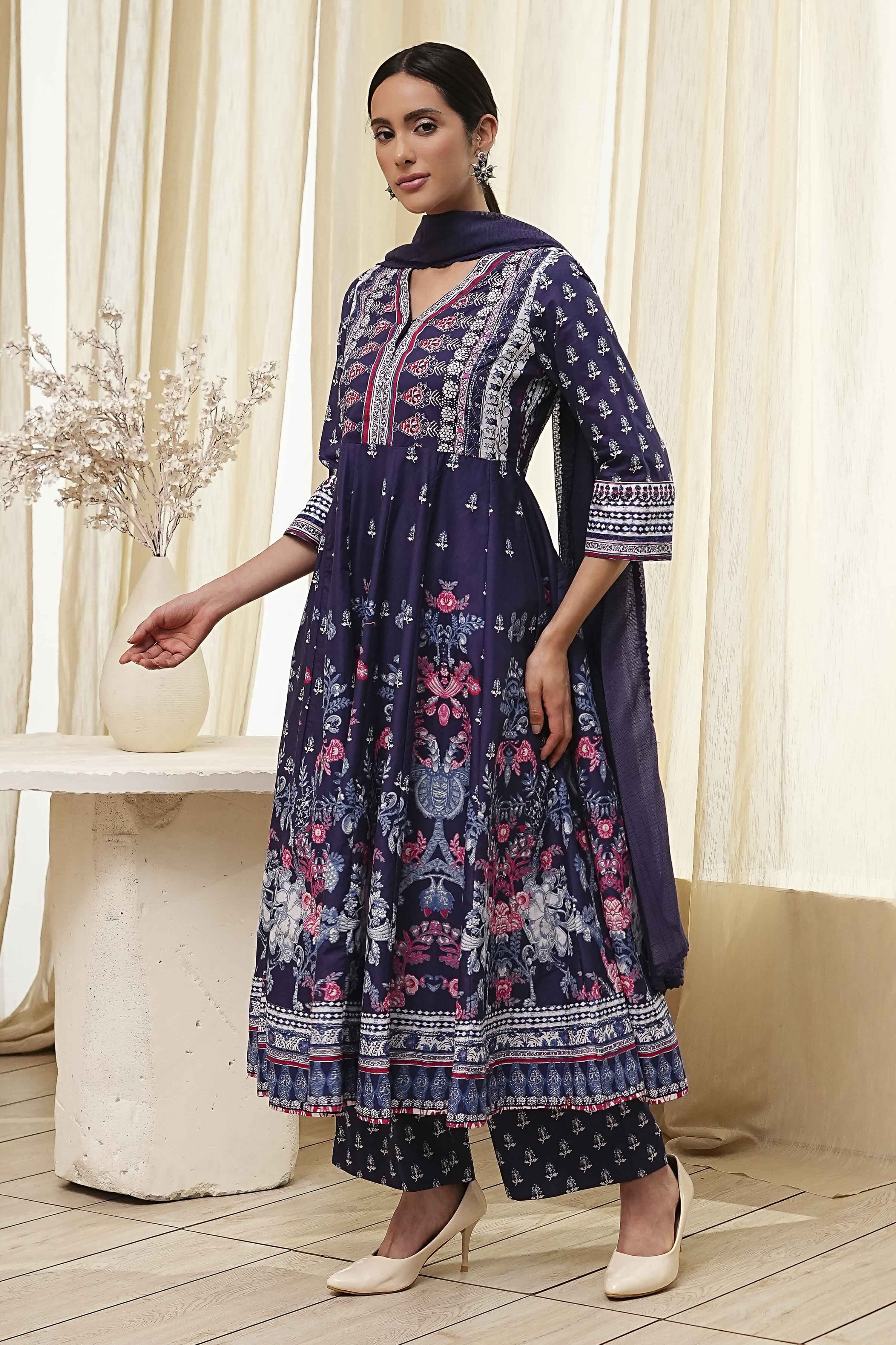 Indigo Cotton Floral Anarkali Suit Set image number 3