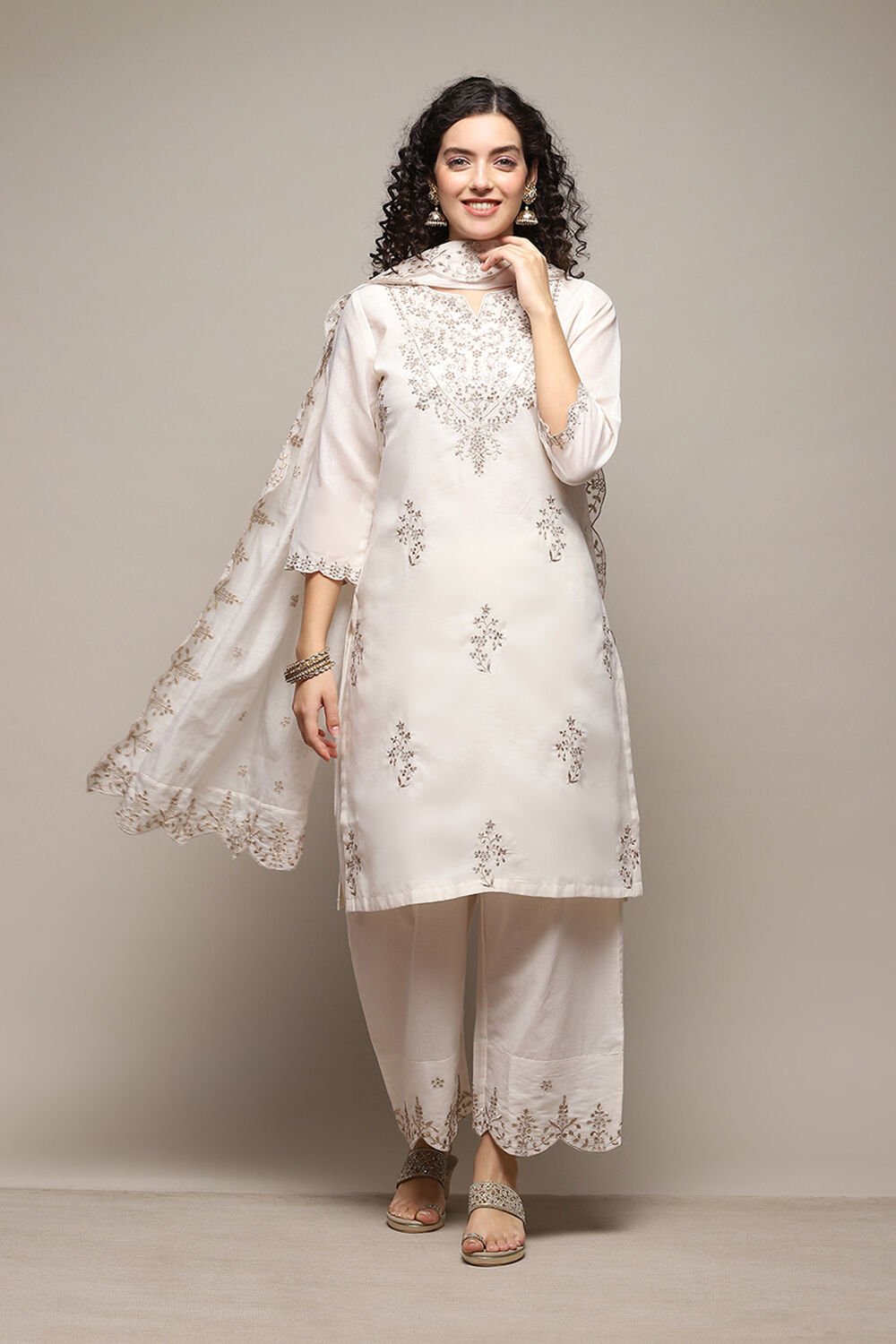 Off White Poly Cotton Straight Kurta Palazzo Suit Set at Biba India
